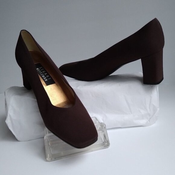Stuart Weitzman Y2K Brown Sateen /Grosgrain Pumps Square Toe 3" Block Heels Sz 8 - Picture 1 of 10